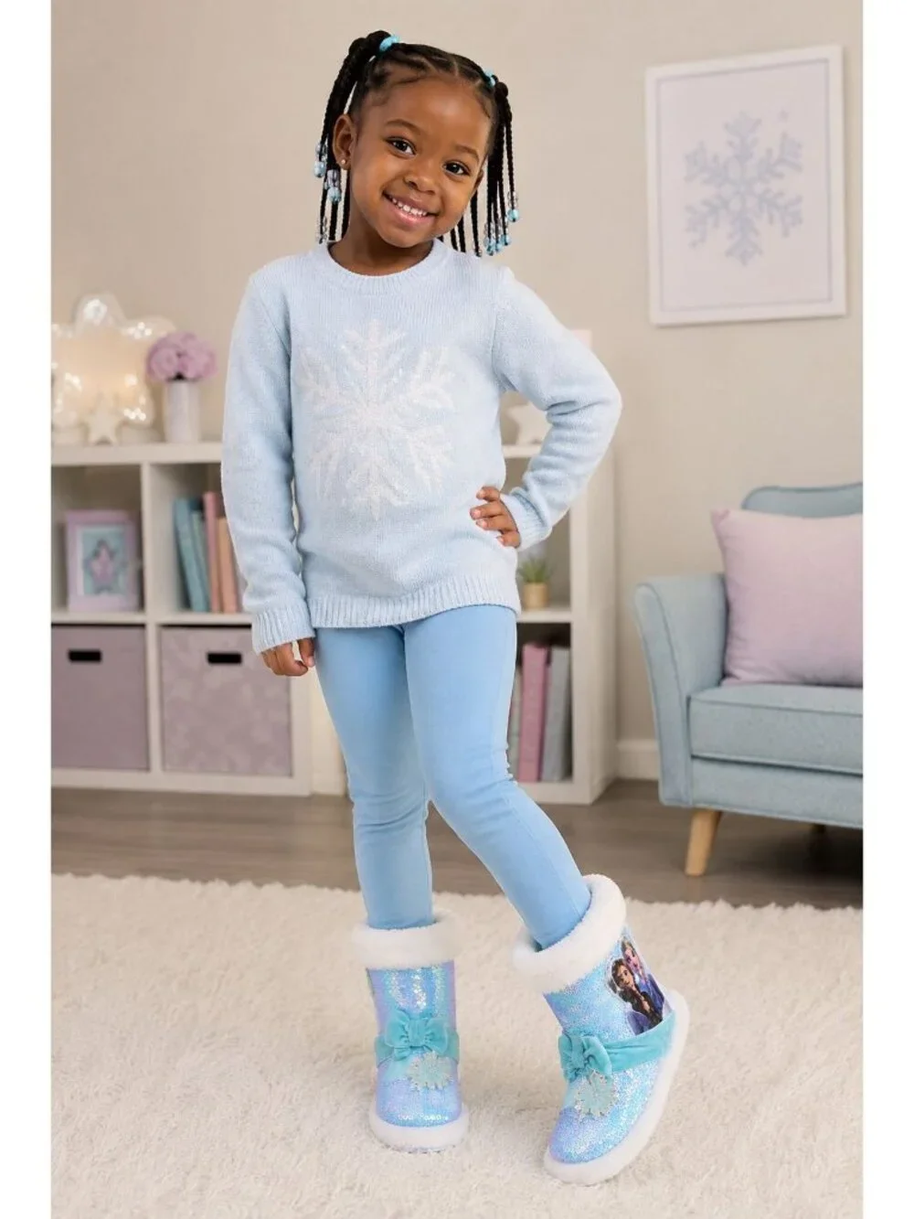 Disney Frozen Kids Size 5-6 Bootie Slippers With Sparkly Sequins & Faux Fur Cuff